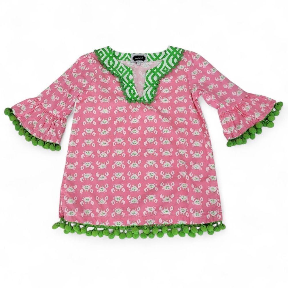 Mud Pie Pink Tunic Top with Green Pom Pom Accents Crab Print Shirt